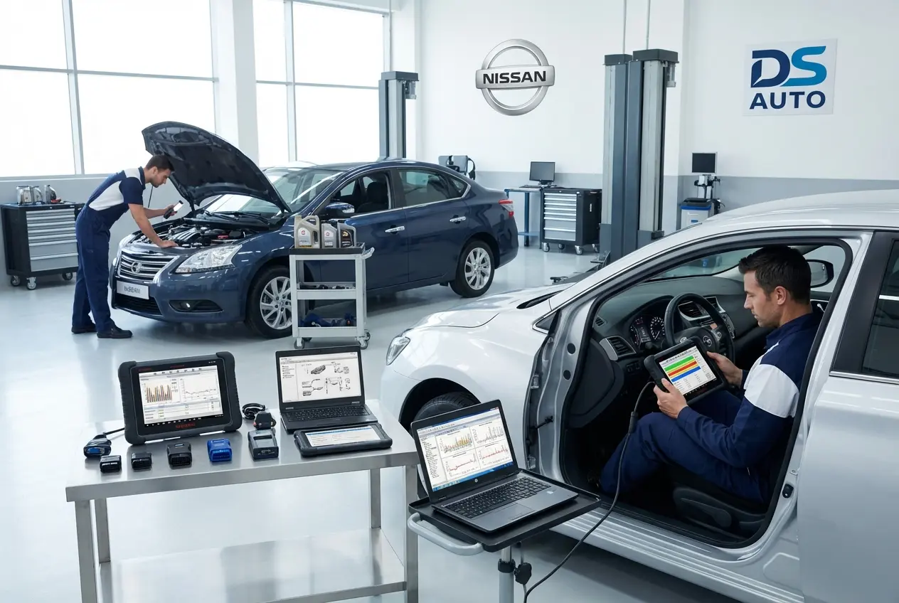 Диагностическое оборудование подключено к автомобилю Nissan в автосервисе DS Auto Жуковский
